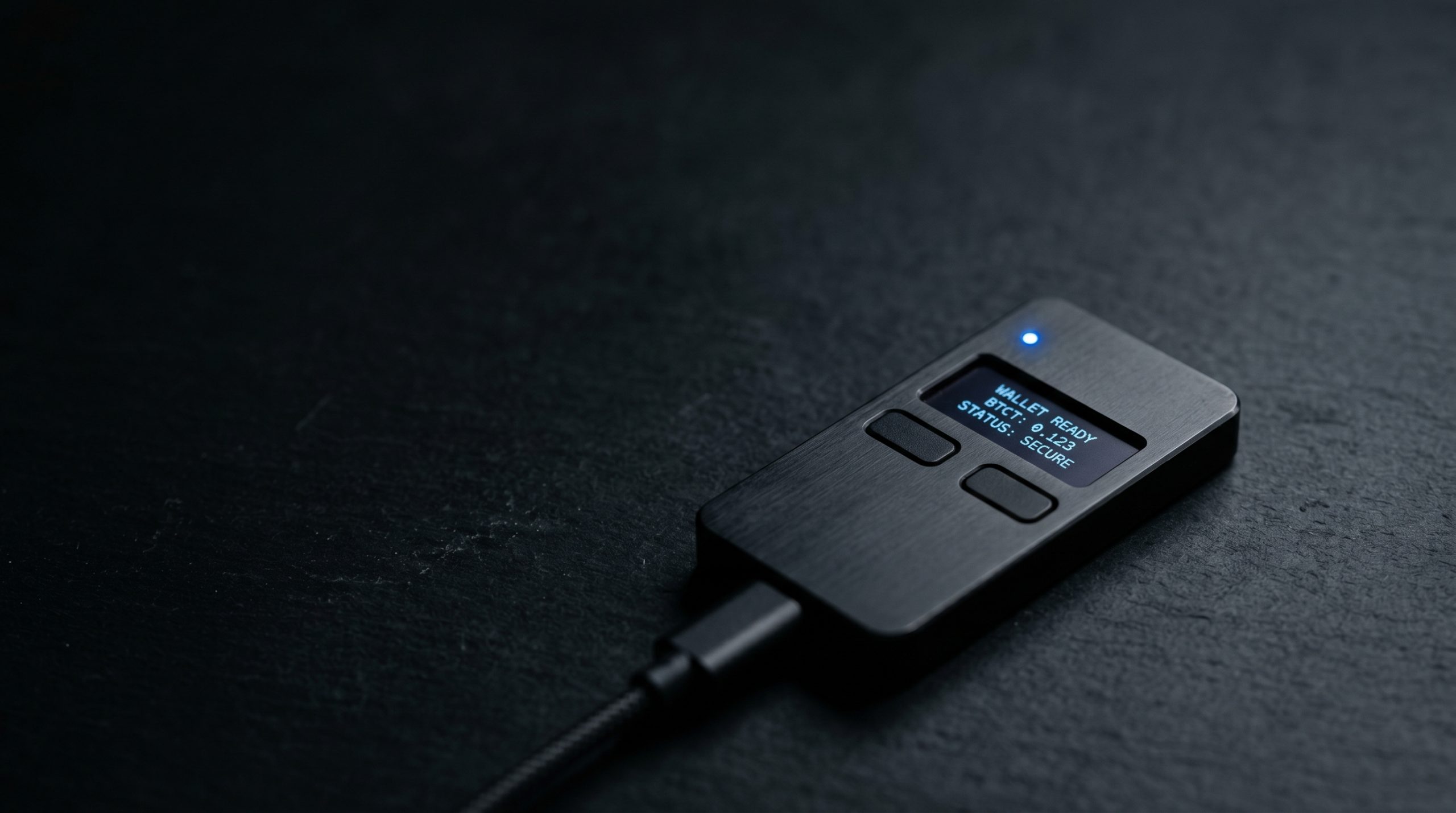 A sleek matte-metal hardware wallet with one small blue LED
