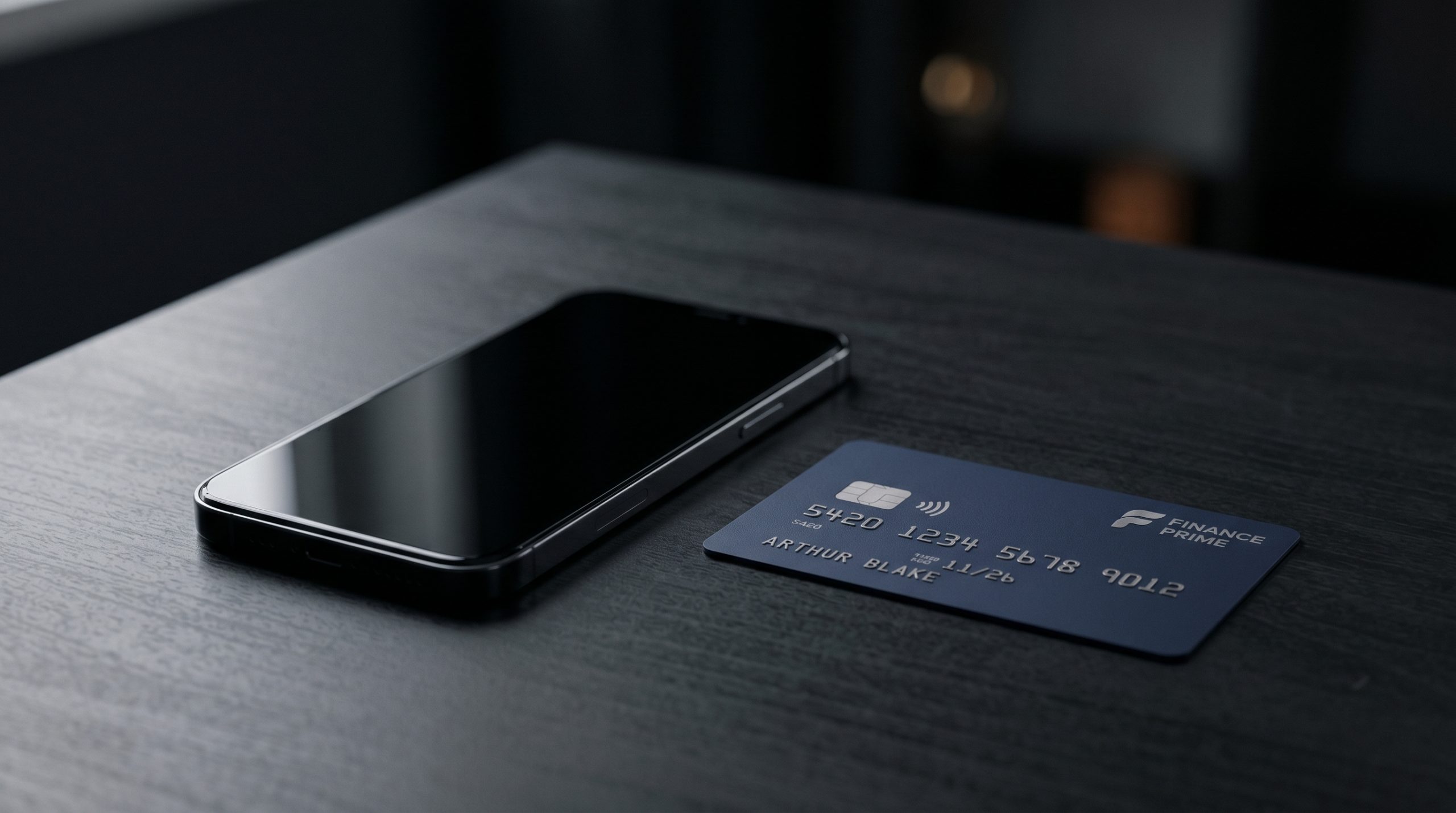 Modern smartphone and matte payment card on dark desk, ready for cryptocurrency purchase
