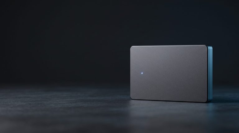 A sleek matte-metal hardware wallet with one small blue LED