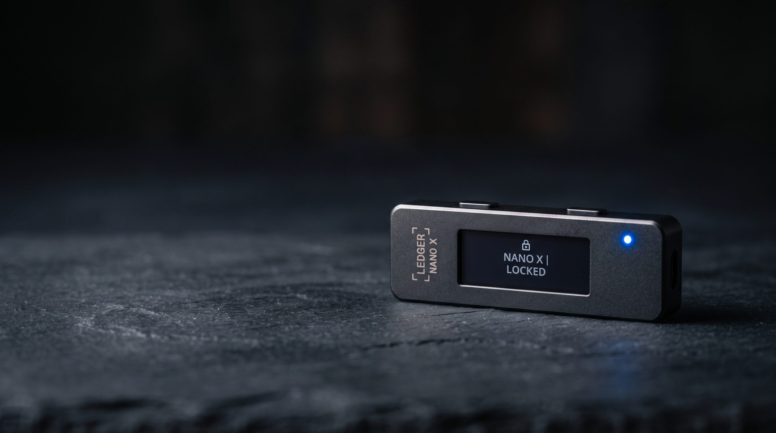 A sleek matte-metal hardware wallet with one small blue LED