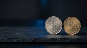 Two physical coins side-by-side on a dark surface representing Dogecoin and Shiba Inu comparison