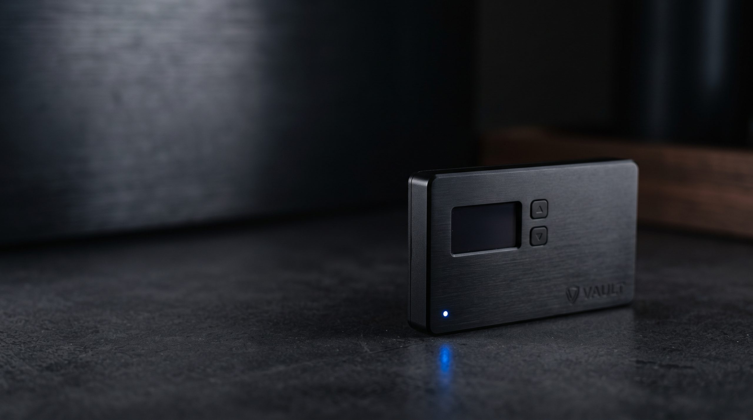 Secure hardware wallet with blue LED indicator representing Gemini's regulatory custody posture