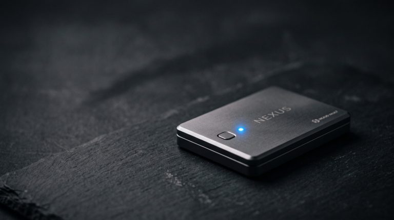 A sleek matte-metal hardware wallet with one small blue LED, representing secure XRP cold storage