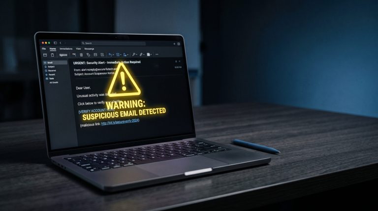 A computer screen displaying a suspicious phishing email with warning indicators