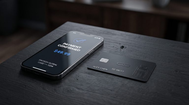 A modern smartphone on a dark desk next to a matte payment card