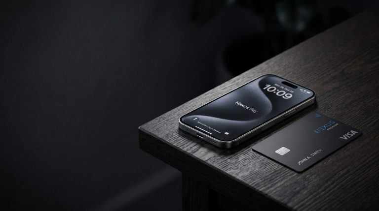 A modern smartphone on a dark desk next to a matte payment card