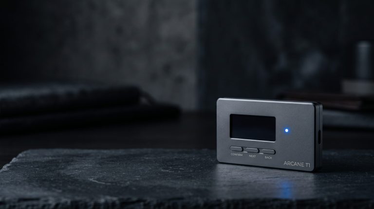 Sleek matte-metal hardware wallet with a small blue LED indicator, representing self-custody security