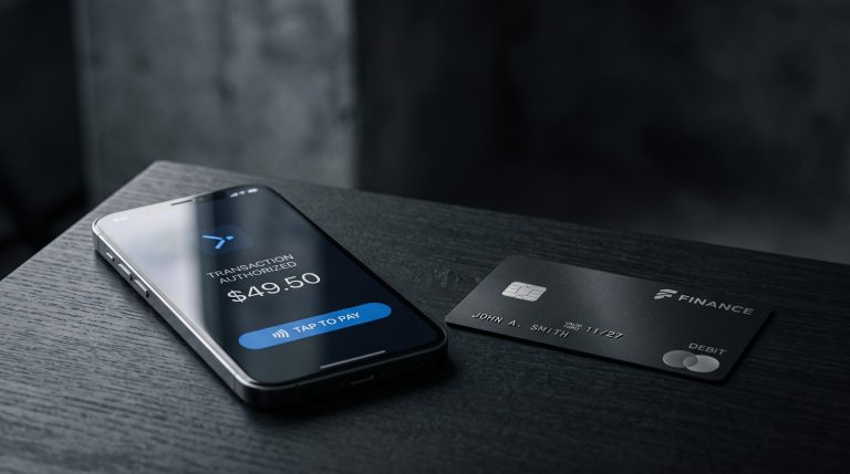 A modern smartphone on a dark desk next to a matte payment card