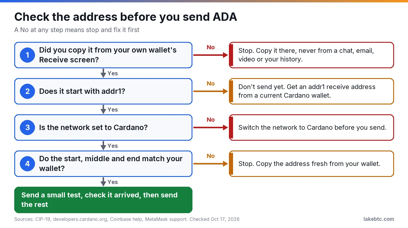 Flowchart of four checks before sending ADA: your own wallet, addr1 prefix, Cardano network, matching characters