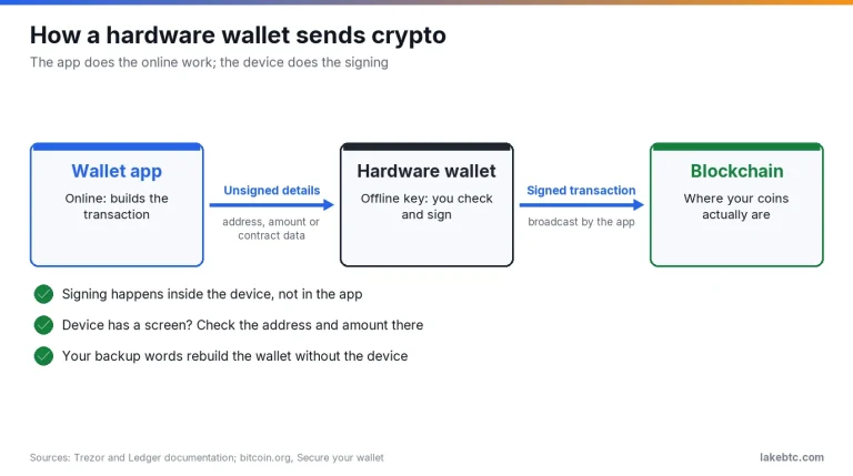 Diagram: the wallet app sends unsigned details to the hardware wallet, which signs offline and returns it for broadcast